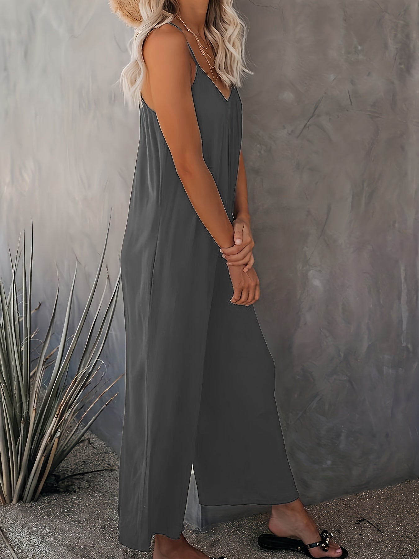 Plus Size Basic Jumpsuit, Women's Plus Solid V Neck Wide Leg Summer Cami Jumpsuit