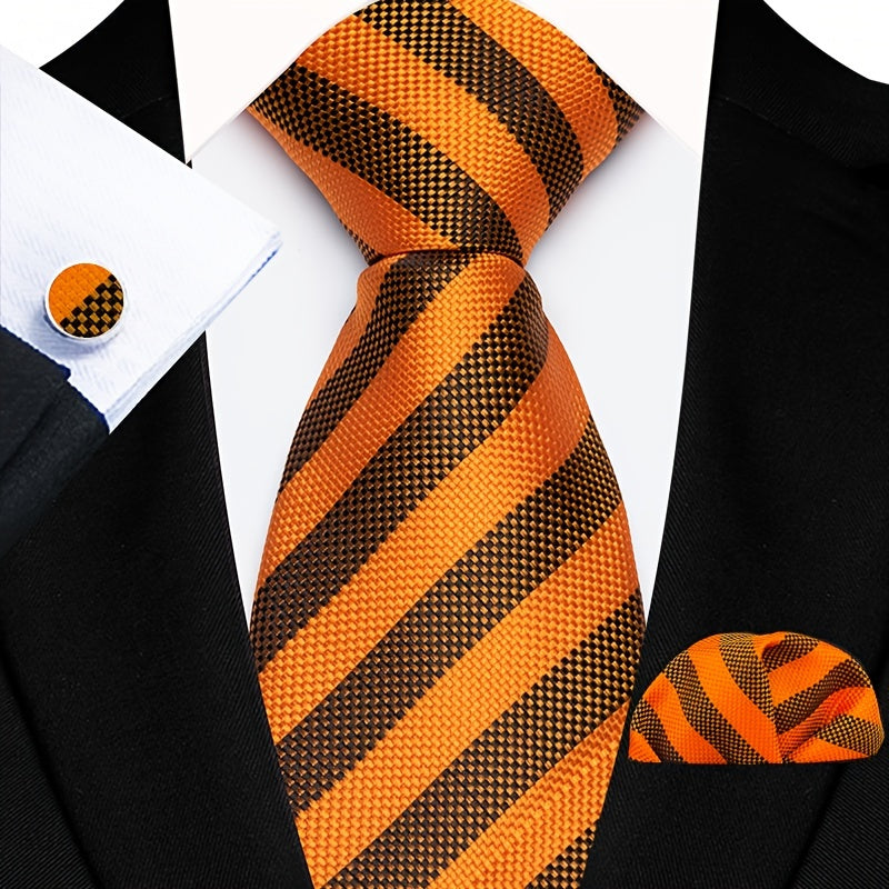 Men's Floral Paisley Striped Plaid Necktie & Handkerchief & Cufflink Set, Formal Business Wedding Necktie Set, Ideal Choice For Gifts