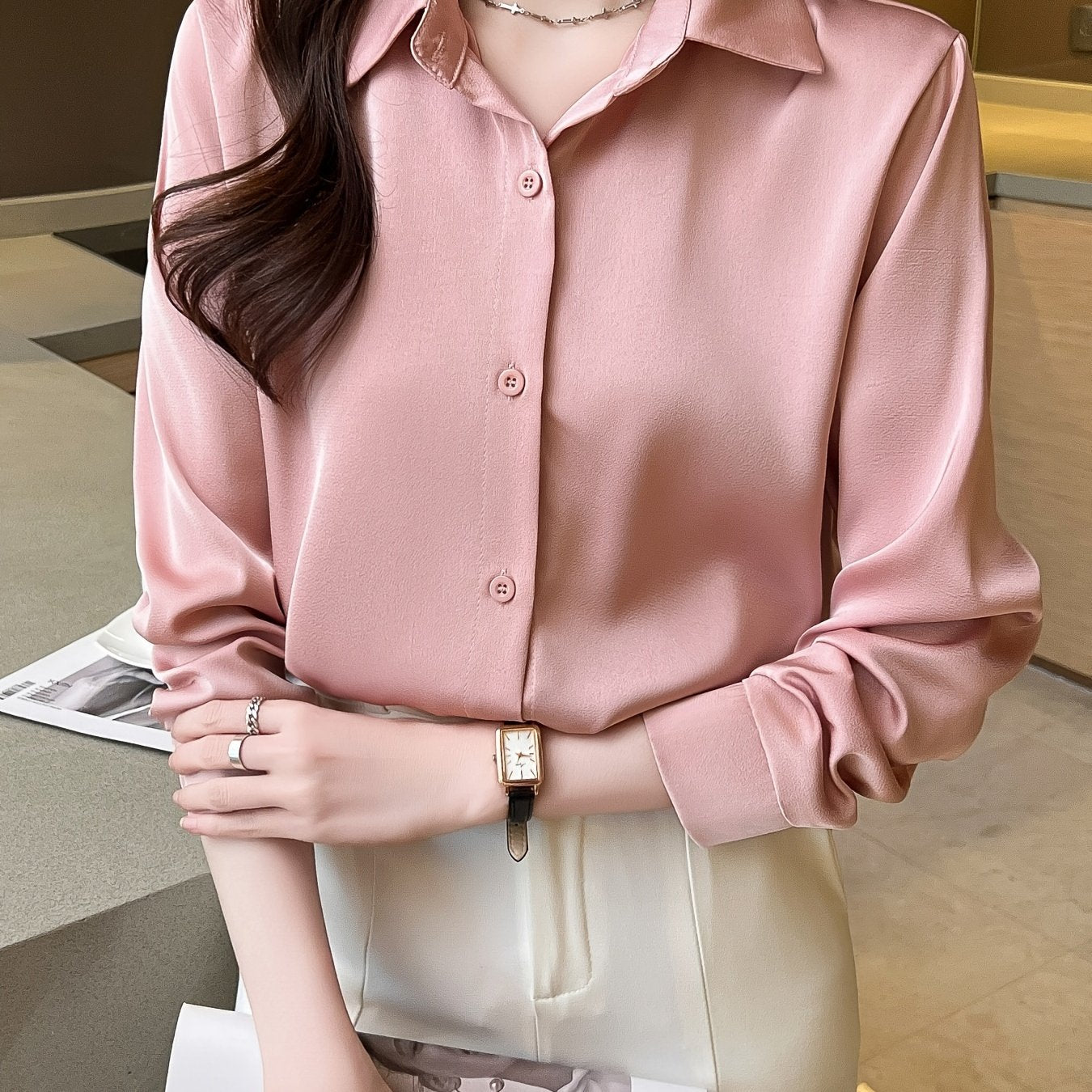 Womens Classic Solid Button Front Shirt - Flattering Long Sleeve Collar Design - Perfect for Work & Casual Office Wear - wardrobe Essential