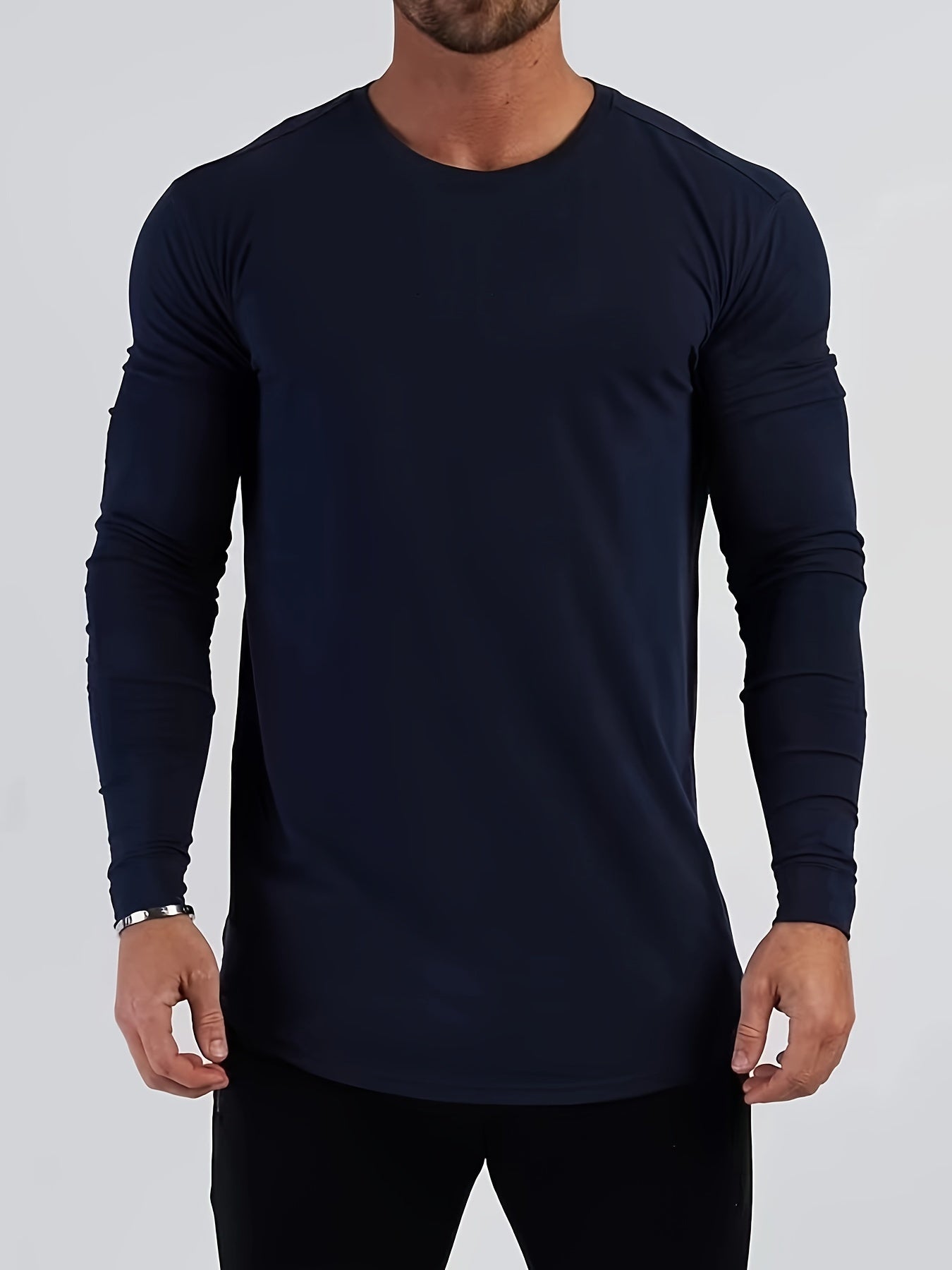 Mens Premium Solid Hue Slim Fit Long Sleeve Sports Shirt - Comfortable Crew Neck, Athletic for Fitness, Hiking & More - Versatile Top for Active Men