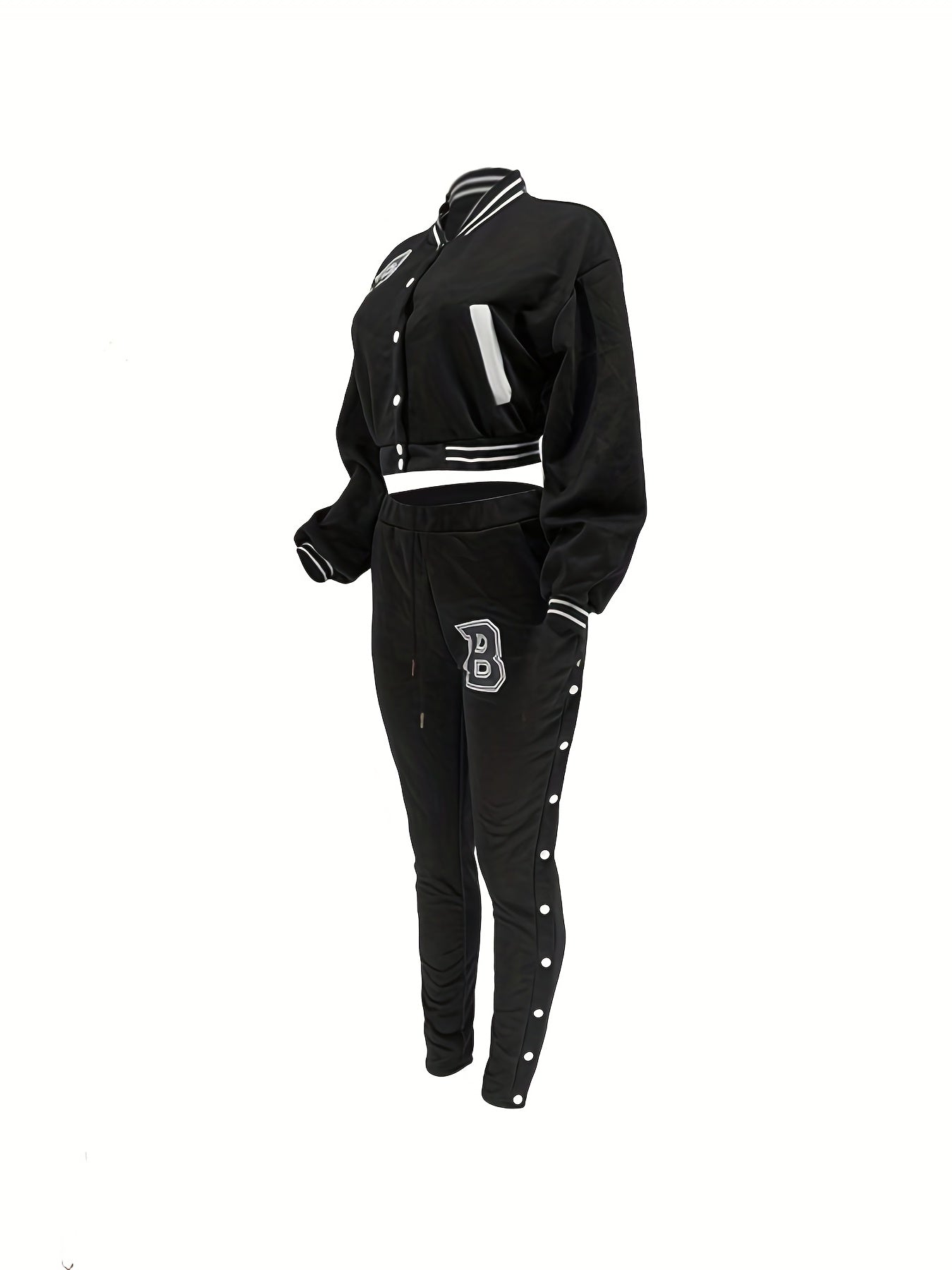 Women's Red Jacket and Pants Set - Casual Polyester with Letter "B" Patches, Button Closure, and Striped Accents