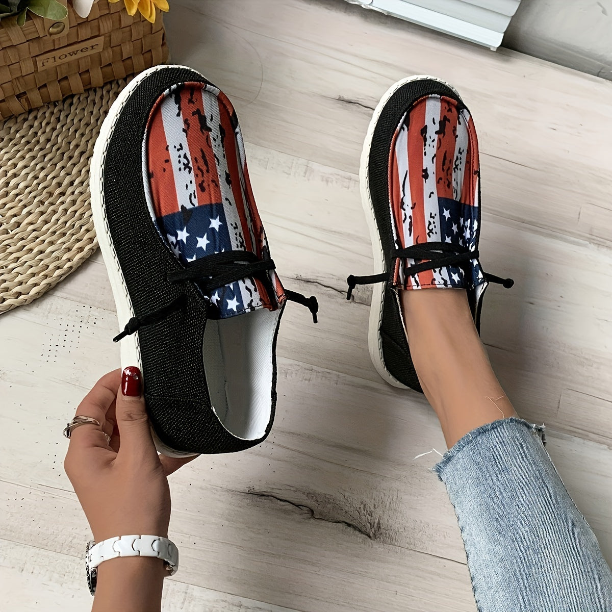 Stylish Womens Canvas Shoes - Breathable Mesh Lining, Fabric Insole, Random Stripe Pattern, Rubber Sole, Round Toe, Lightweight Low Top Design for Casual Outdoor Activities - Independence Day Flag Element
