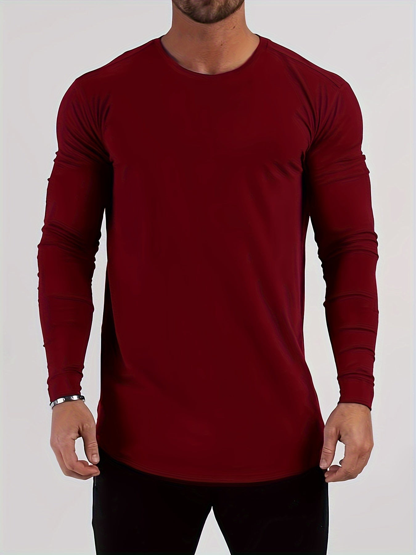 Mens Premium Solid Hue Slim Fit Long Sleeve Sports Shirt - Comfortable Crew Neck, Athletic for Fitness, Hiking & More - Versatile Top for Active Men