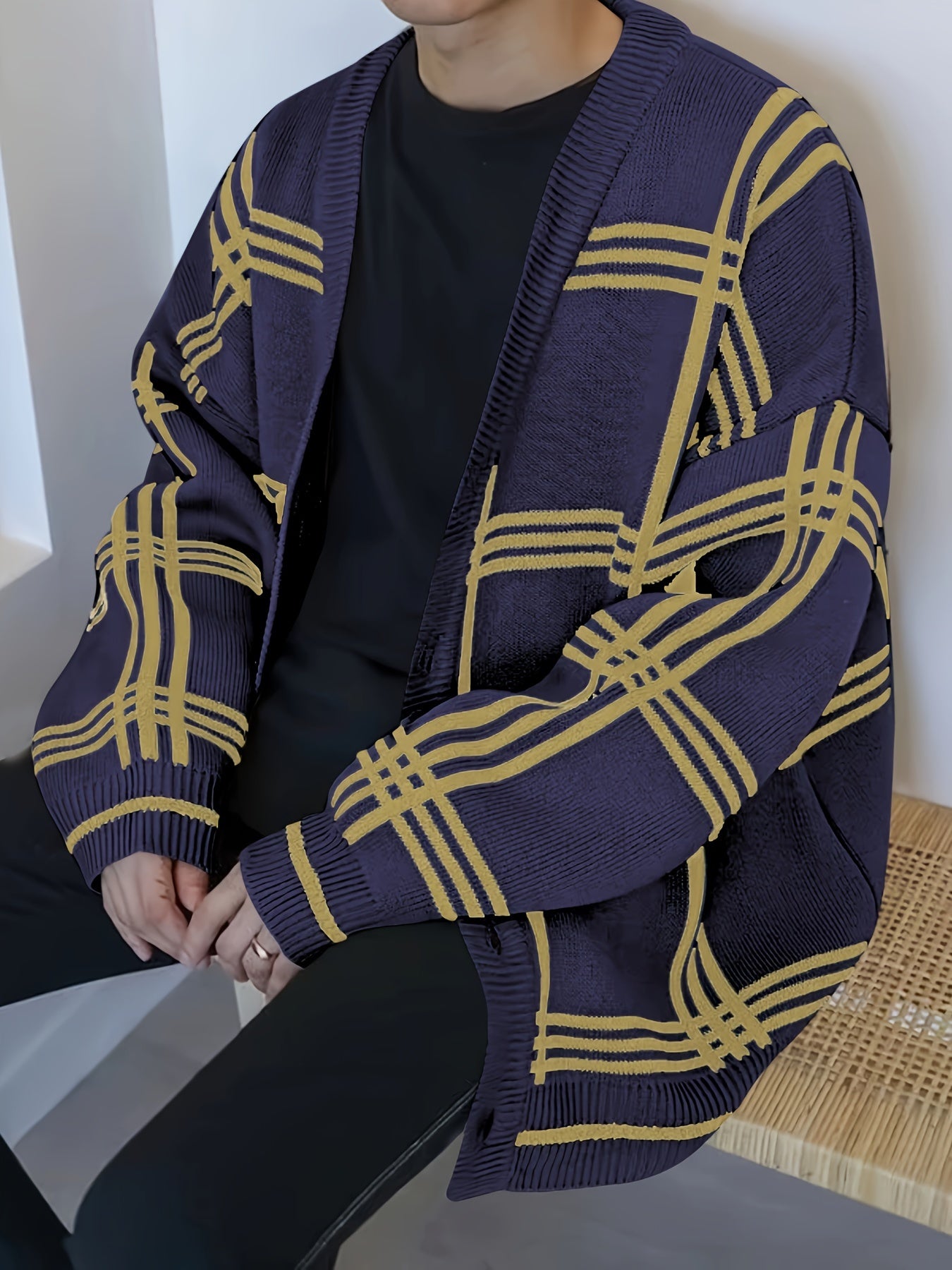 Mens Stylish Stripe Knit Cardigan - Comfortable Long Sleeve V Neck Top for Versatile Outdoor Wear - All-Season Fashionable Style