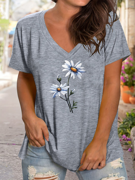 Plus Size Women's Floral Print V Neck Short Sleeve Graphic Tee Casual T-shirt