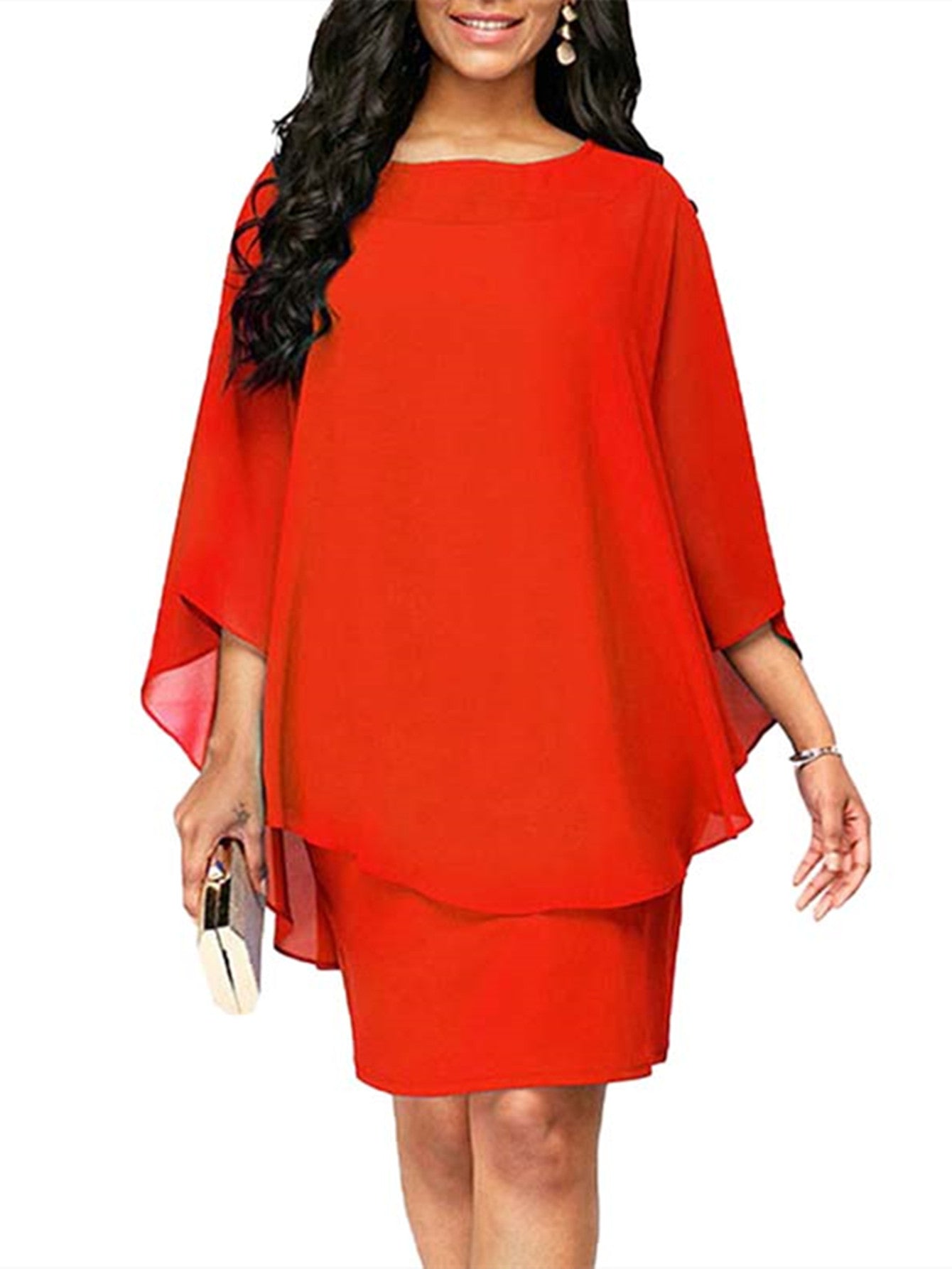 Plus Size, Plus Size Women's Classic Solid Color Cover-Up 2-in-1 Chiffon Dress