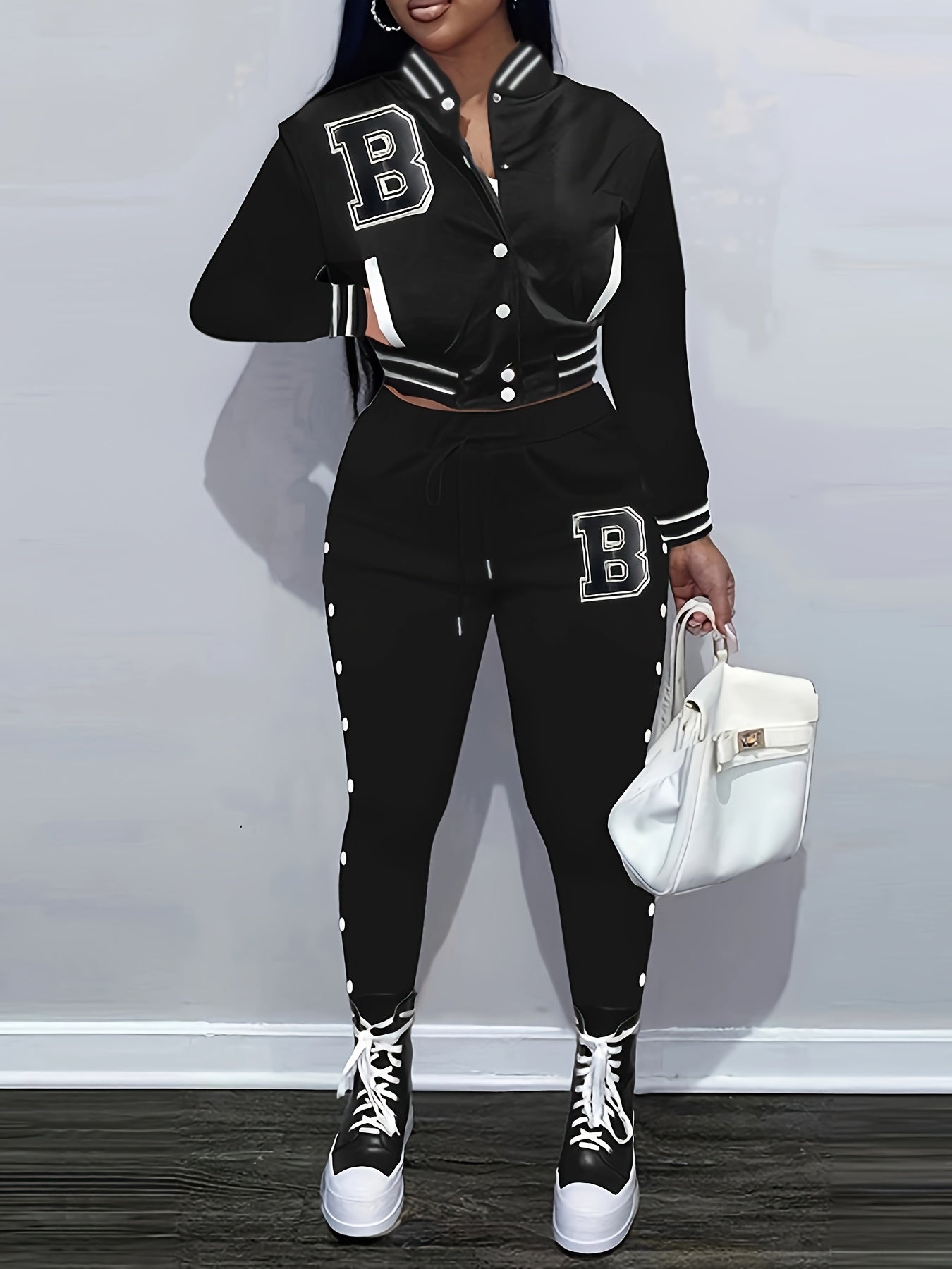 Women's Red Jacket and Pants Set - Casual Polyester with Letter "B" Patches, Button Closure, and Striped Accents