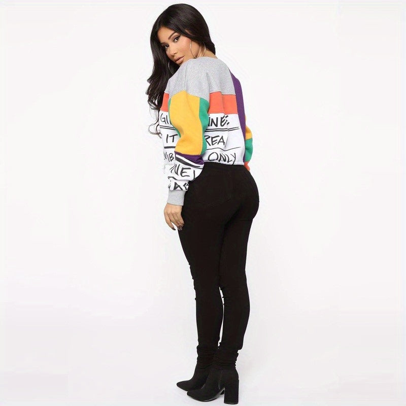 Women's Color Block Letter Print Sweatshirt - Cozy Long Sleeve Crew Neck for Fall & Winter