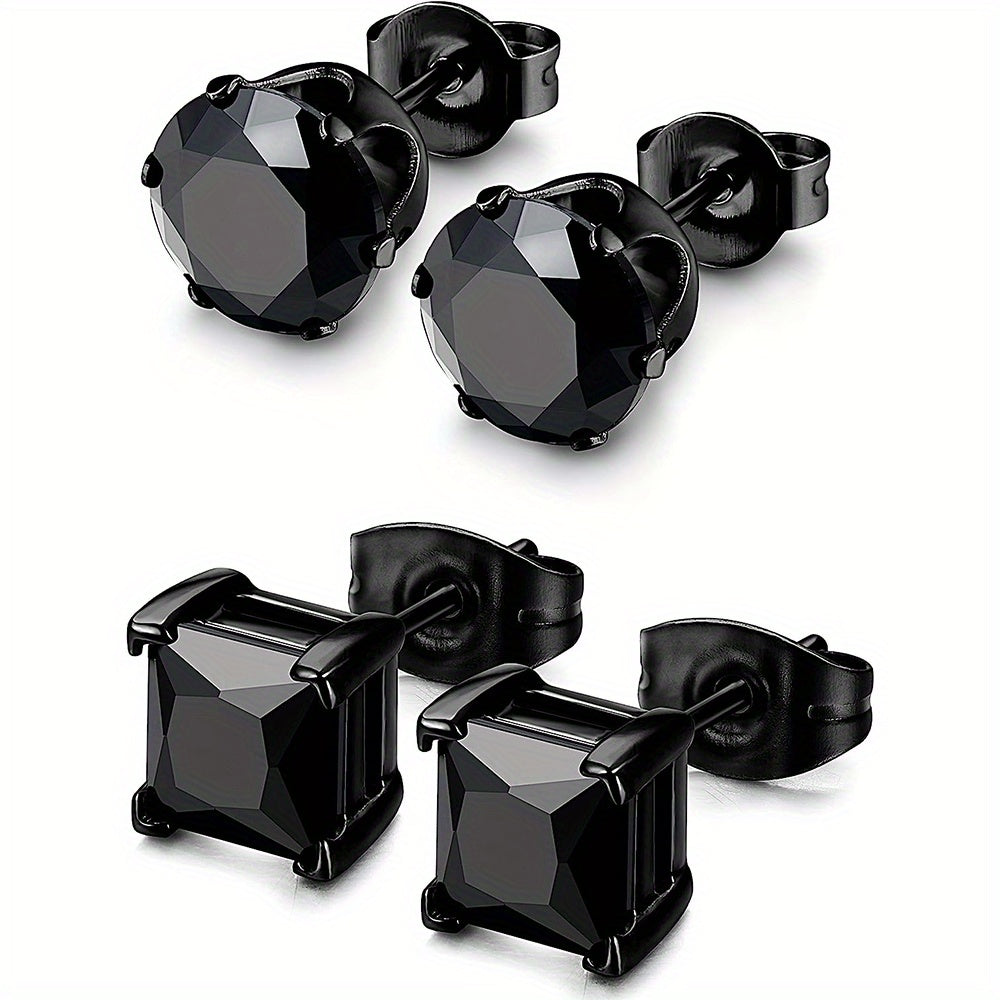 2 Pairs Stainless Steel Unisex CZ Stud Earrings - Durable Hypoallergenic, Jet Black, Sparkling Cubic Zirconia, Perfect for Men & Women
