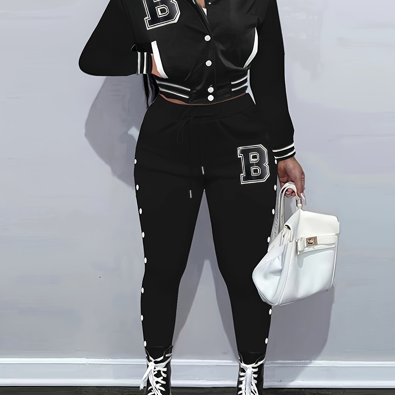 Women's Red Jacket and Pants Set - Casual Polyester with Letter "B" Patches, Button Closure, and Striped Accents