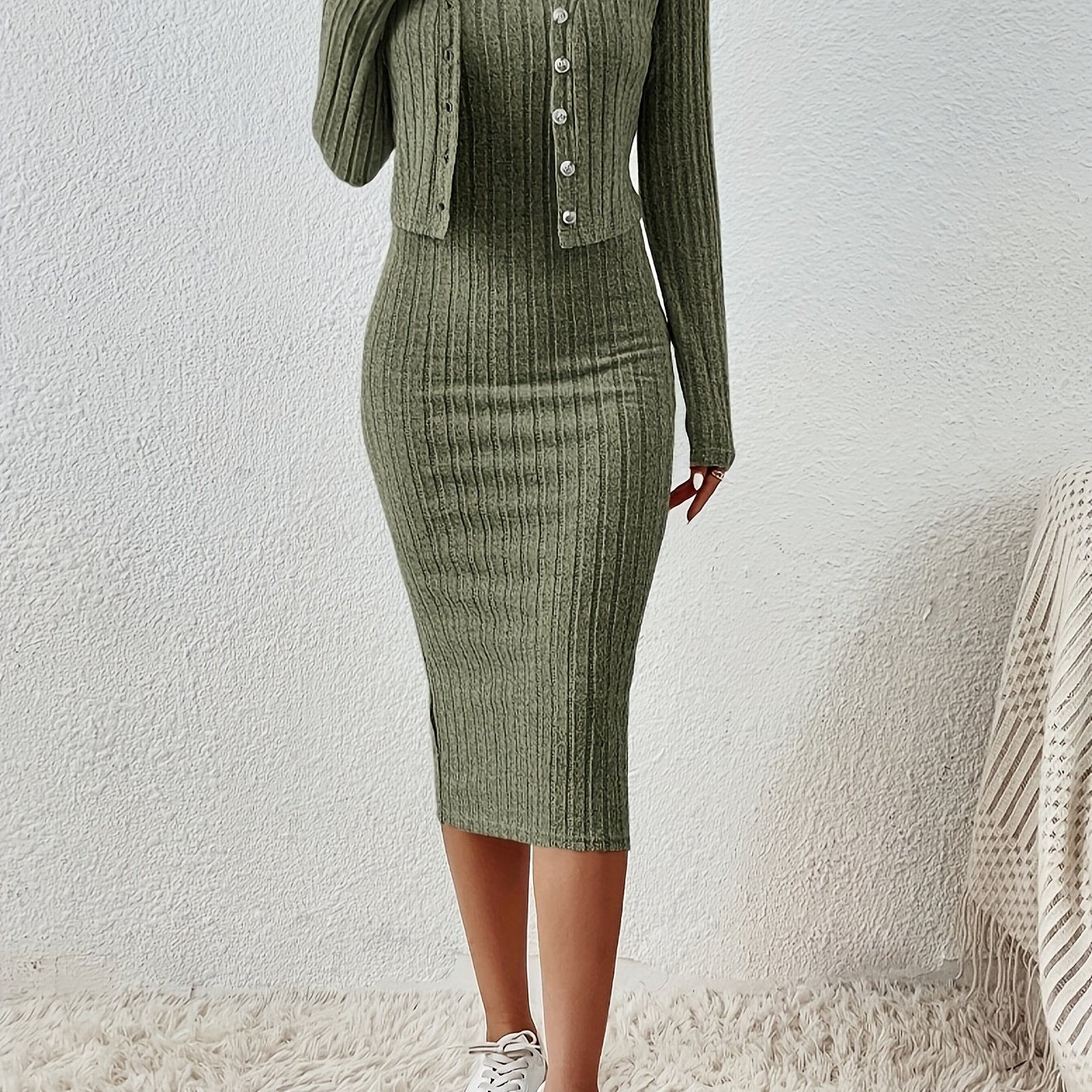 Chic Solid Two-Piece Set - Flattering Single-Breasted Cardigan & Sleeveless Bodycon Dress Outfit - Perfect for Casual or Formal Wear - Womens Fashion Clothing