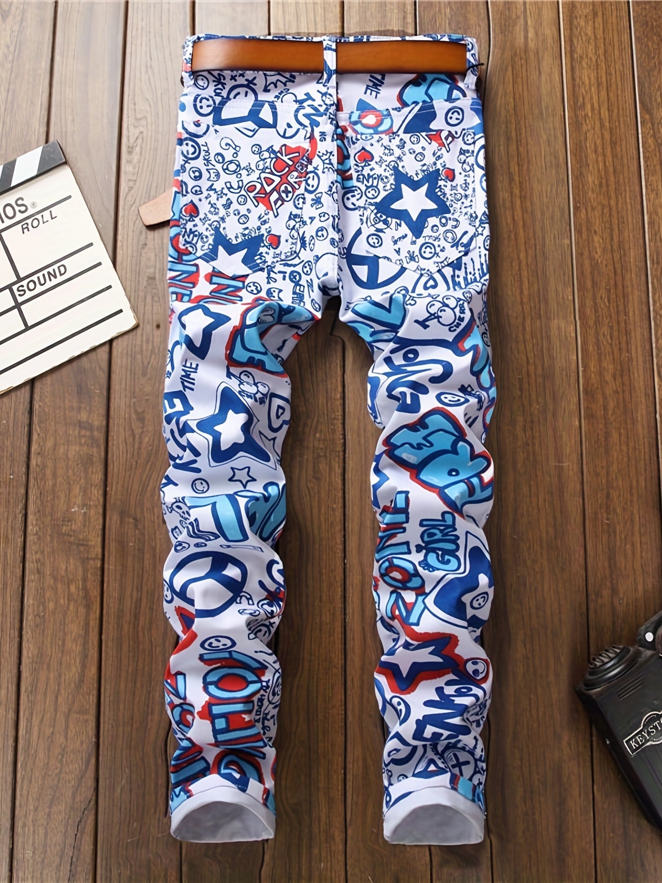 Stylish Punk Chic Slim Fit Jeans - Ultra-Comfortable Stretch Denim, All-Over Print, Casual Street Style, Versatile for All Seasons, Perfect for Men's Daily Wear