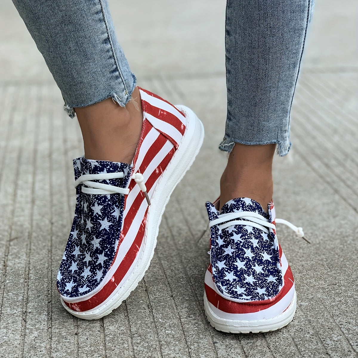 Stylish Womens Canvas Shoes - Breathable Mesh Lining, Fabric Insole, Random Stripe Pattern, Rubber Sole, Round Toe, Lightweight Low Top Design for Casual Outdoor Activities - Independence Day Flag Element