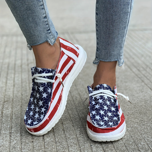 Stylish Womens Canvas Shoes - Breathable Mesh Lining, Fabric Insole, Random Stripe Pattern, Rubber Sole, Round Toe, Lightweight Low Top Design for Casual Outdoor Activities - Independence Day Flag Element