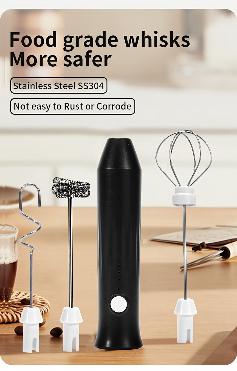 USB Rechargeable Handheld Milk Frother - 3 Interchangeable Blenders, 3-Speed Electric Blender with Stainless Steel Whisk, Egg Beater for Coffee, Matcha, Latte, Cappuccino And Hot Chocolate - Kitchen Gadgets