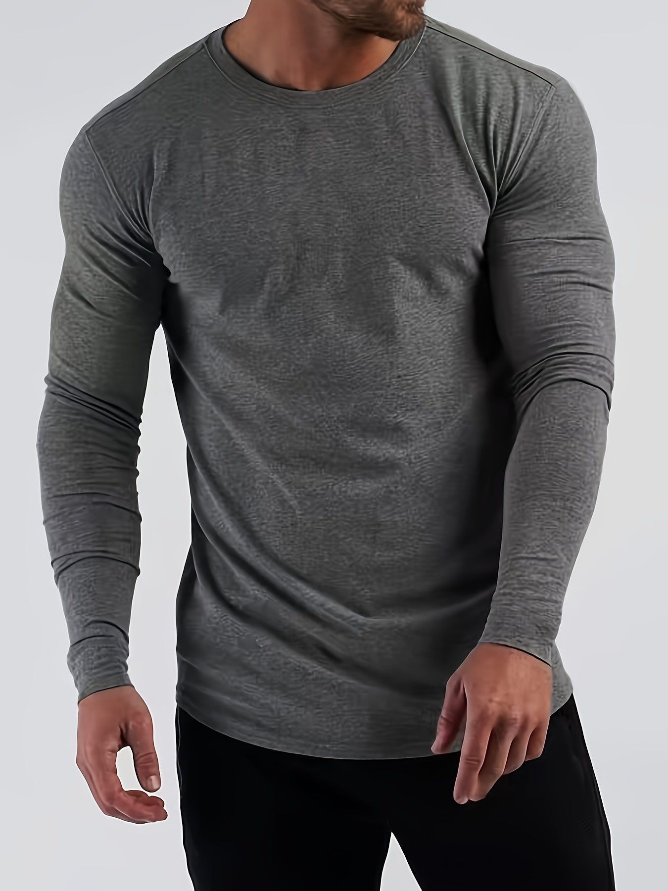 Mens Premium Solid Hue Slim Fit Long Sleeve Sports Shirt - Comfortable Crew Neck, Athletic for Fitness, Hiking & More - Versatile Top for Active Men