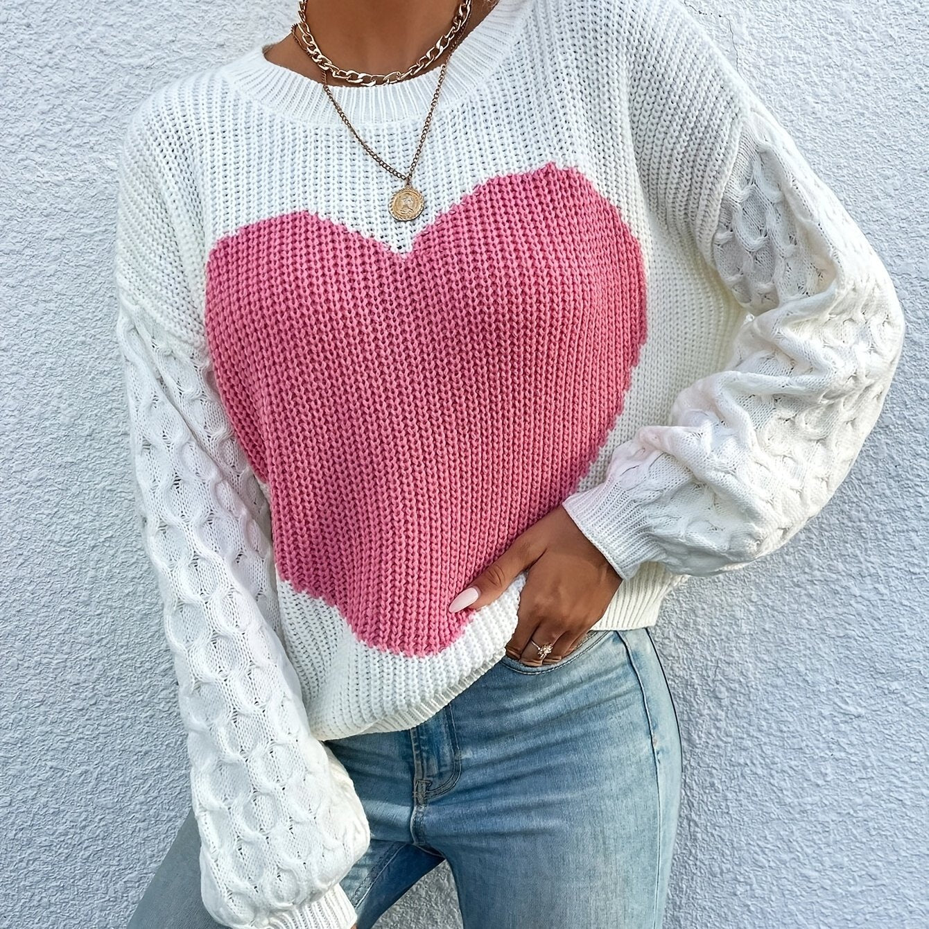Cozy Heart Pattern Crew Neck Sweatshirt - Pullovers with Long Sleeve, Drop Shoulder, Casual Style, Soft Fabric, Women's Fashion Clothing for Daily Wear