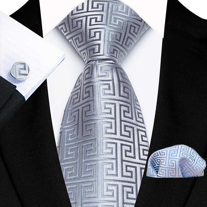 Men's Floral Paisley Striped Plaid Necktie & Handkerchief & Cufflink Set, Formal Business Wedding Necktie Set, Ideal Choice For Gifts