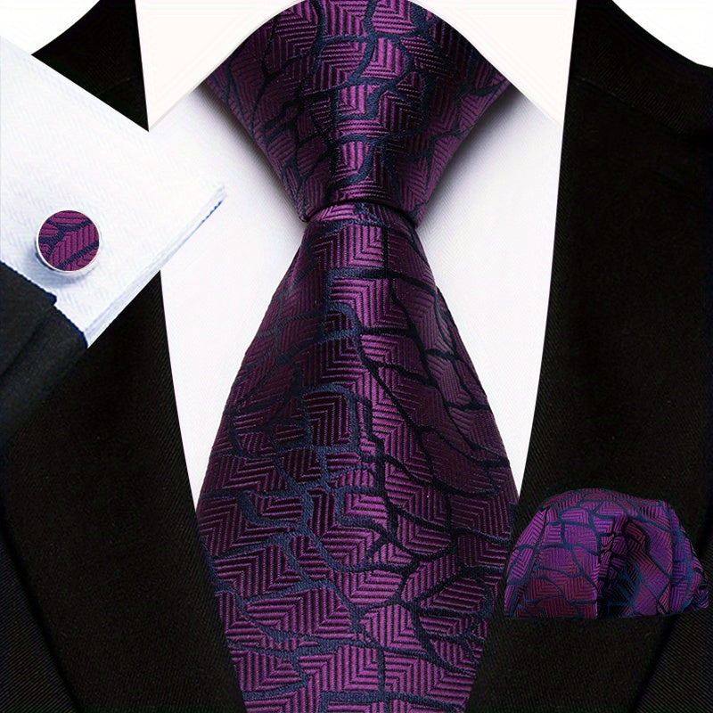 Men's Floral Paisley Striped Plaid Necktie & Handkerchief & Cufflink Set, Formal Business Wedding Necktie Set, Ideal Choice For Gifts