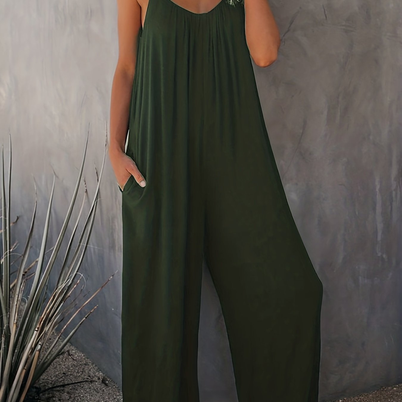 Plus Size Basic Jumpsuit, Women's Plus Solid V Neck Wide Leg Summer Cami Jumpsuit