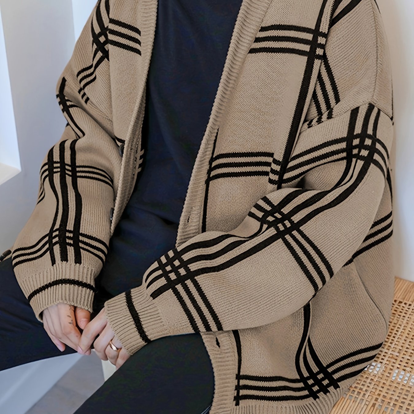 Mens Stylish Stripe Knit Cardigan - Comfortable Long Sleeve V Neck Top for Versatile Outdoor Wear - All-Season Fashionable Style