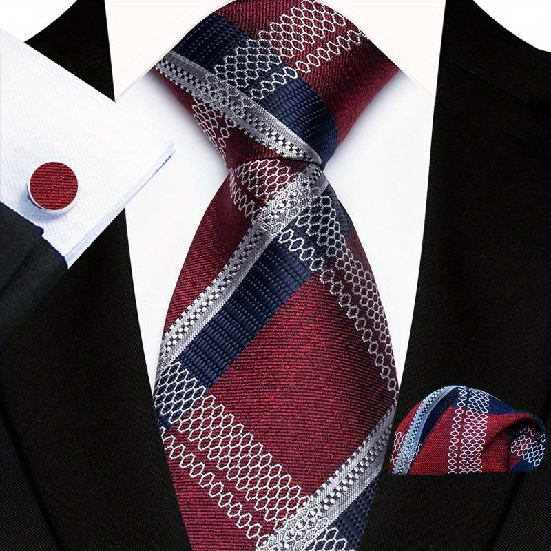 Men's Floral Paisley Striped Plaid Necktie & Handkerchief & Cufflink Set, Formal Business Wedding Necktie Set, Ideal Choice For Gifts