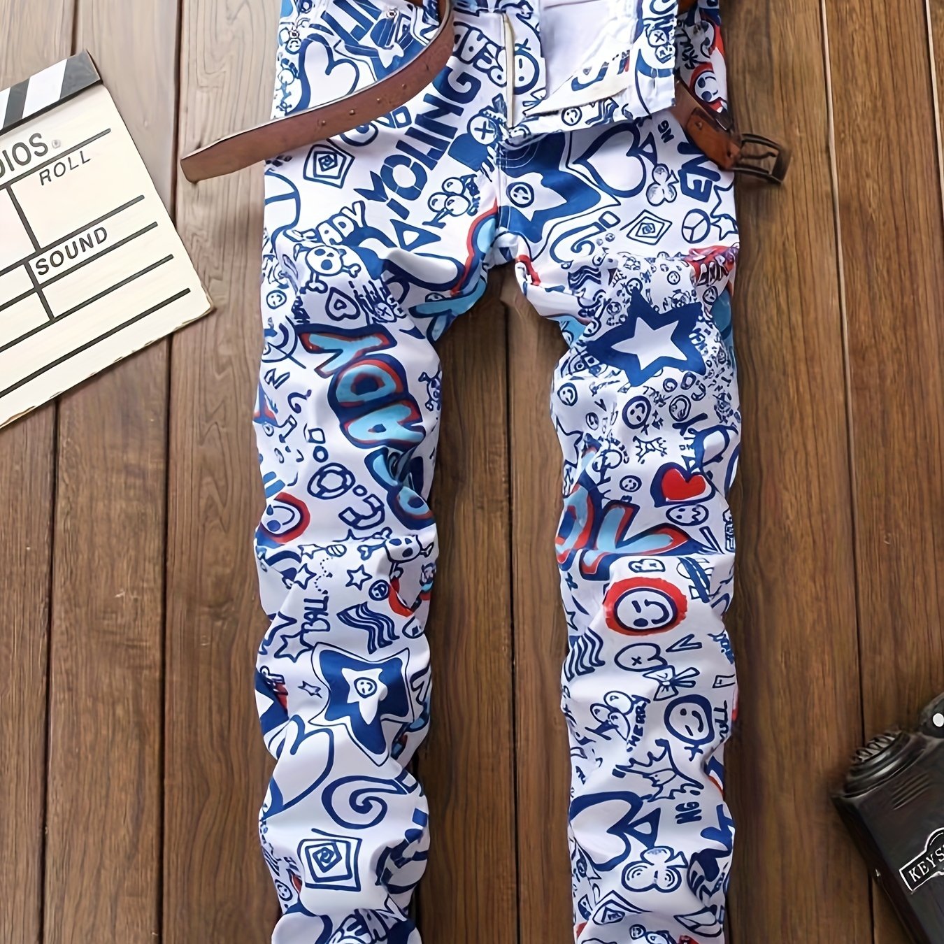 Stylish Punk Chic Slim Fit Jeans - Ultra-Comfortable Stretch Denim, All-Over Print, Casual Street Style, Versatile for All Seasons, Perfect for Men's Daily Wear