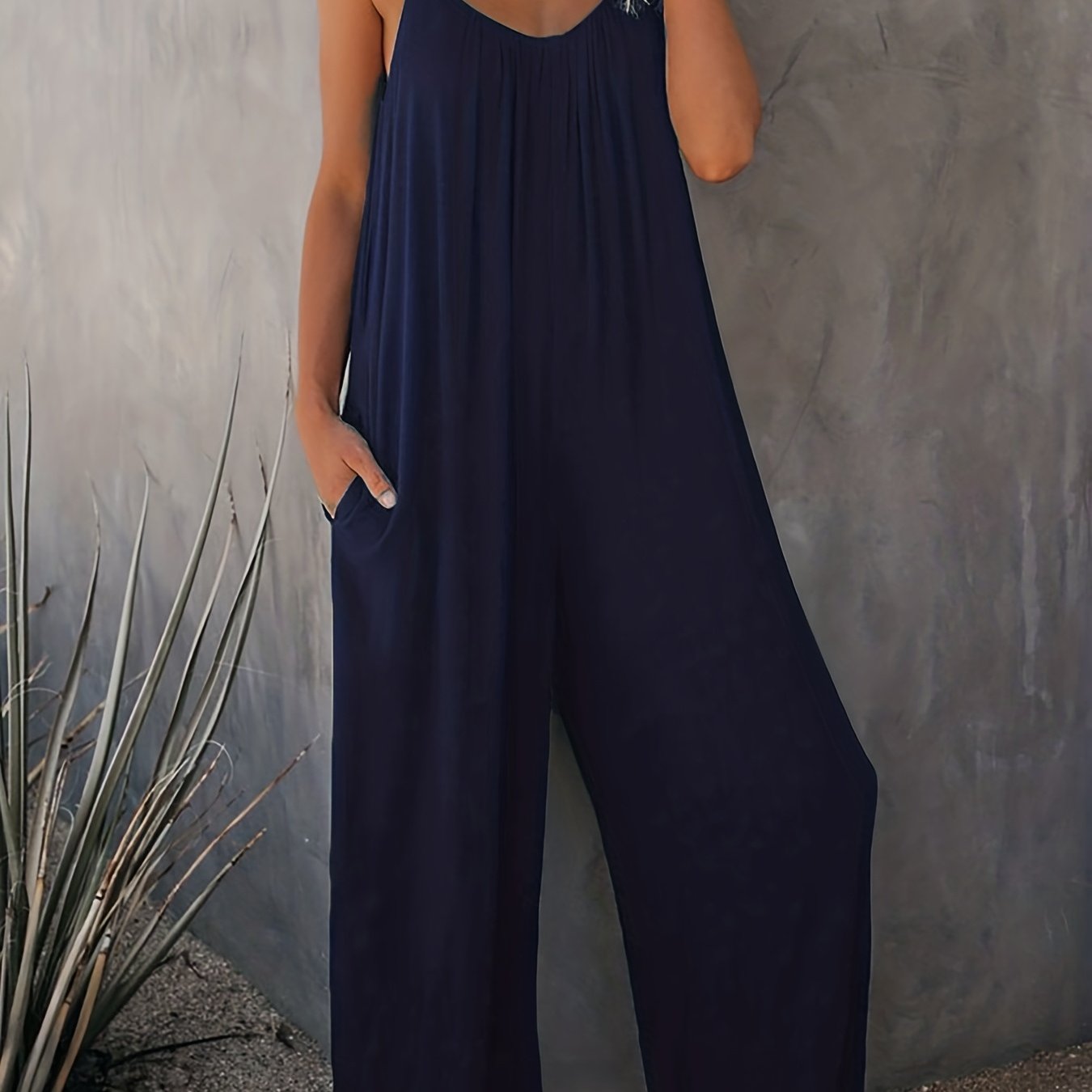Plus Size Basic Jumpsuit, Women's Plus Solid V Neck Wide Leg Summer Cami Jumpsuit