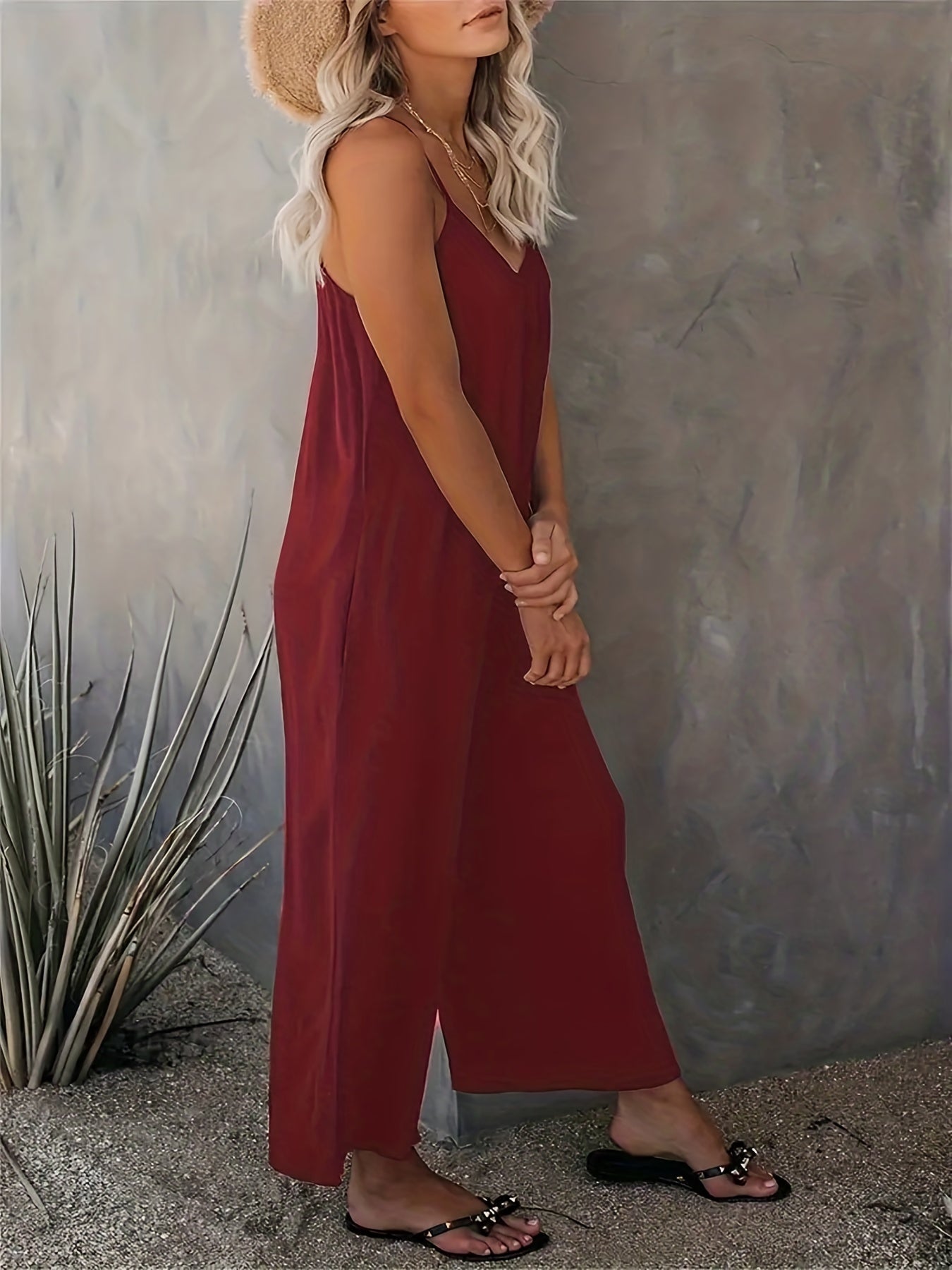 Plus Size Basic Jumpsuit, Women's Plus Solid V Neck Wide Leg Summer Cami Jumpsuit