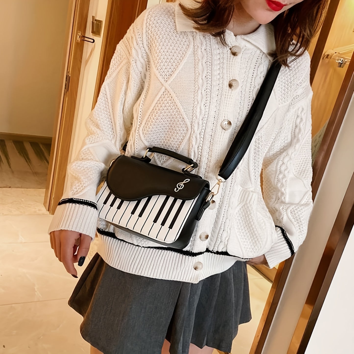 Women'S Piano Key Crossbody Bag - & Musical Note Design with Golden-Tone Hardware, Zipper Closure & Golden-Tone Hardware, Satchel Purse For Evening Events, Concerts, Casual Outings - Durable & Easy-clean, Concert Accessory, S