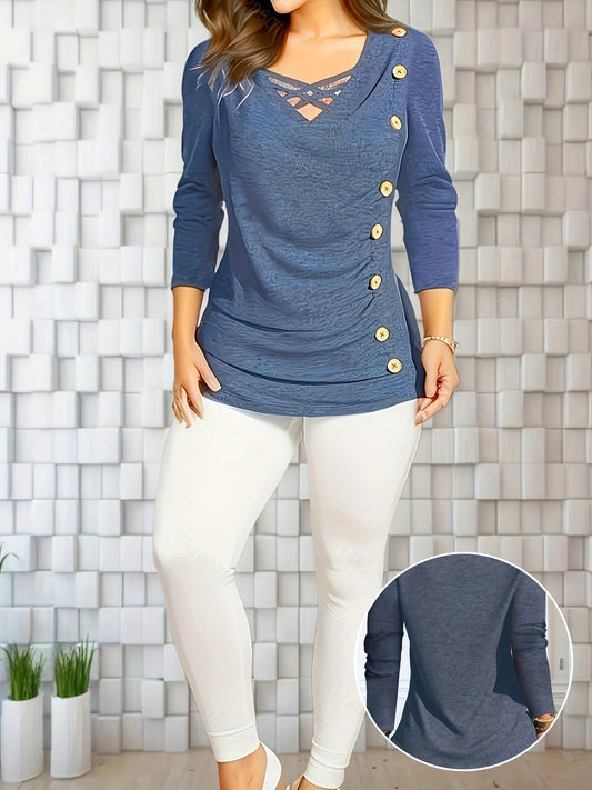 Stylish Ruched Crisscross V Neck Long Sleeve Top - Elegant Button Detail, Soft Fabric, Relaxed Fit, Women's Fashion Clothing for Everyday Wear