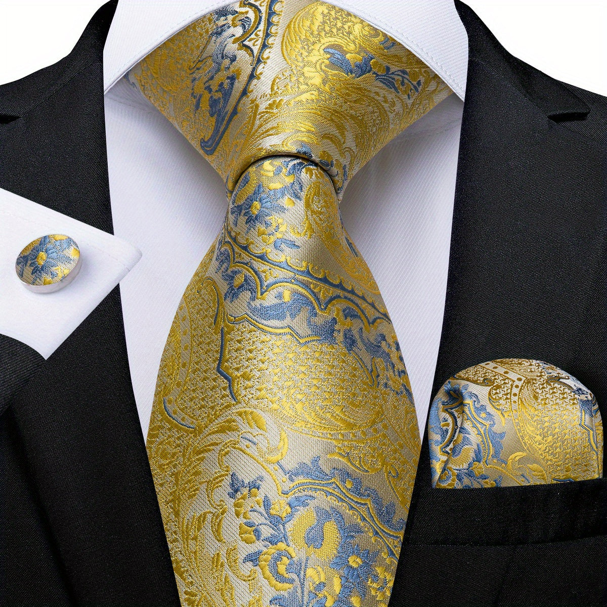 Classic Striped Tie Set For Men Blue Yellow Ties Trendy Woven Necktie Hanky Cufflinks Set Business Tie, Ideal choice for Gifts