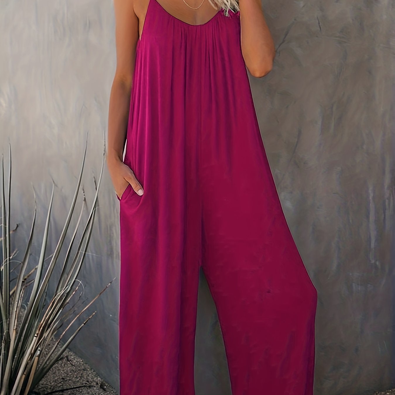 Plus Size Basic Jumpsuit, Women's Plus Solid V Neck Wide Leg Summer Cami Jumpsuit