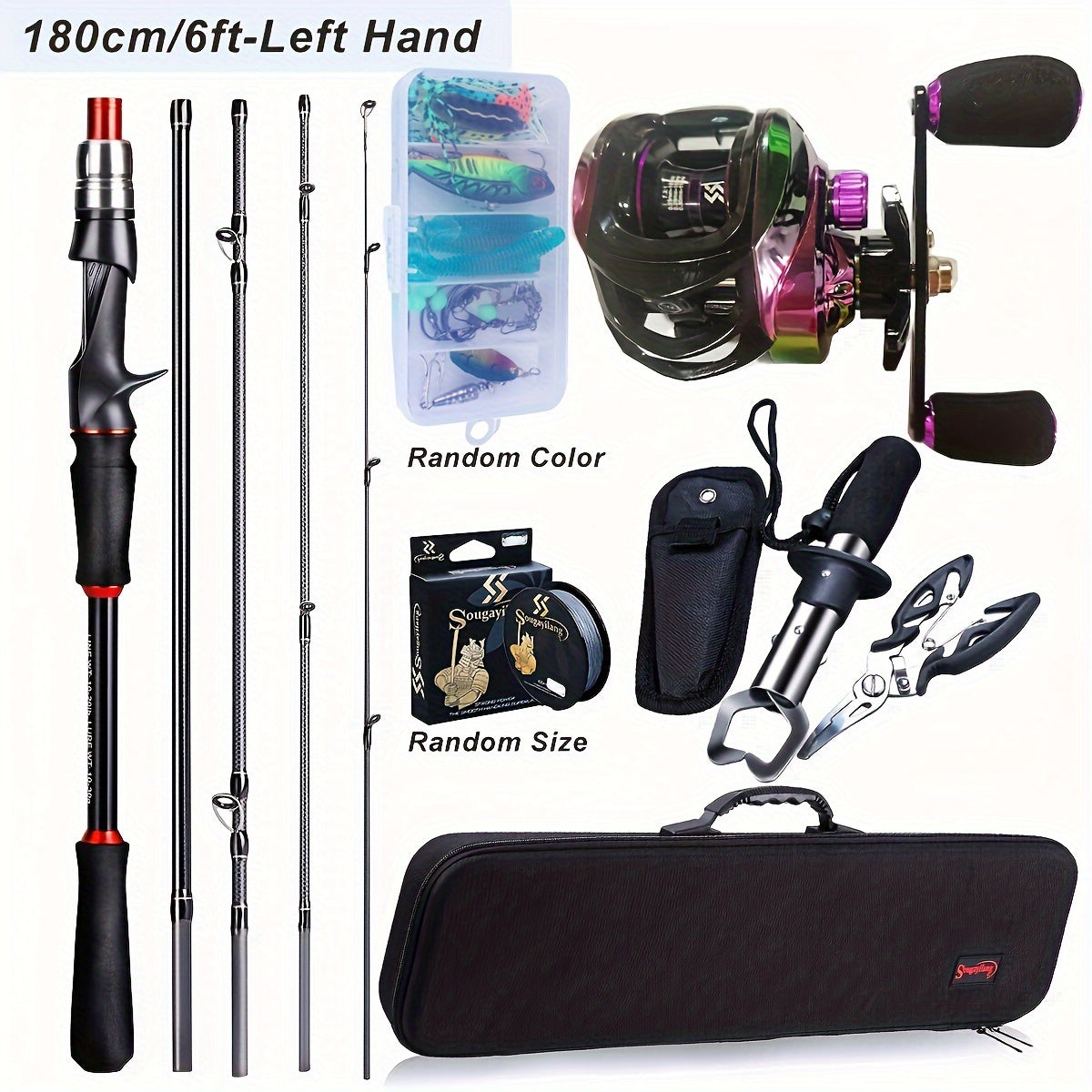 Sougayilang [Basic Style ] Fishing Tackle Set, Including 6ft/1.8m 5-Sections Carbon Fiber Fishing Rod, Colorful 7.2: Gear Ratio Fishing Reel, Fish Line, Fishing Bait And Other Accessories