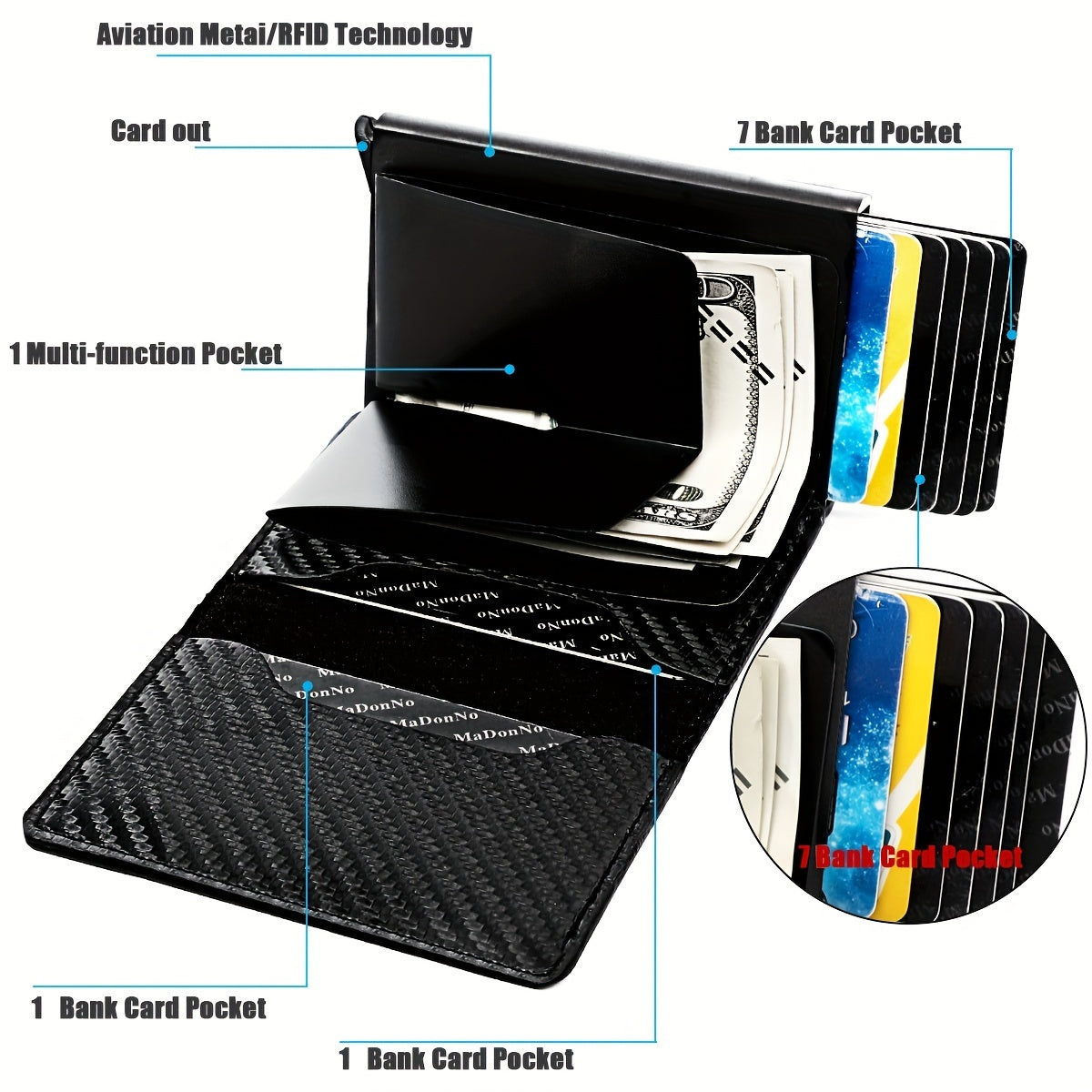 OBCREATOR Carbon Fiber RFID Blocking Wallet, Slim Metal Pop-Up Credit Card Holder, Aluminum Alloy, Non-Braided, Simple Style, Black, Minimalist Design for Men