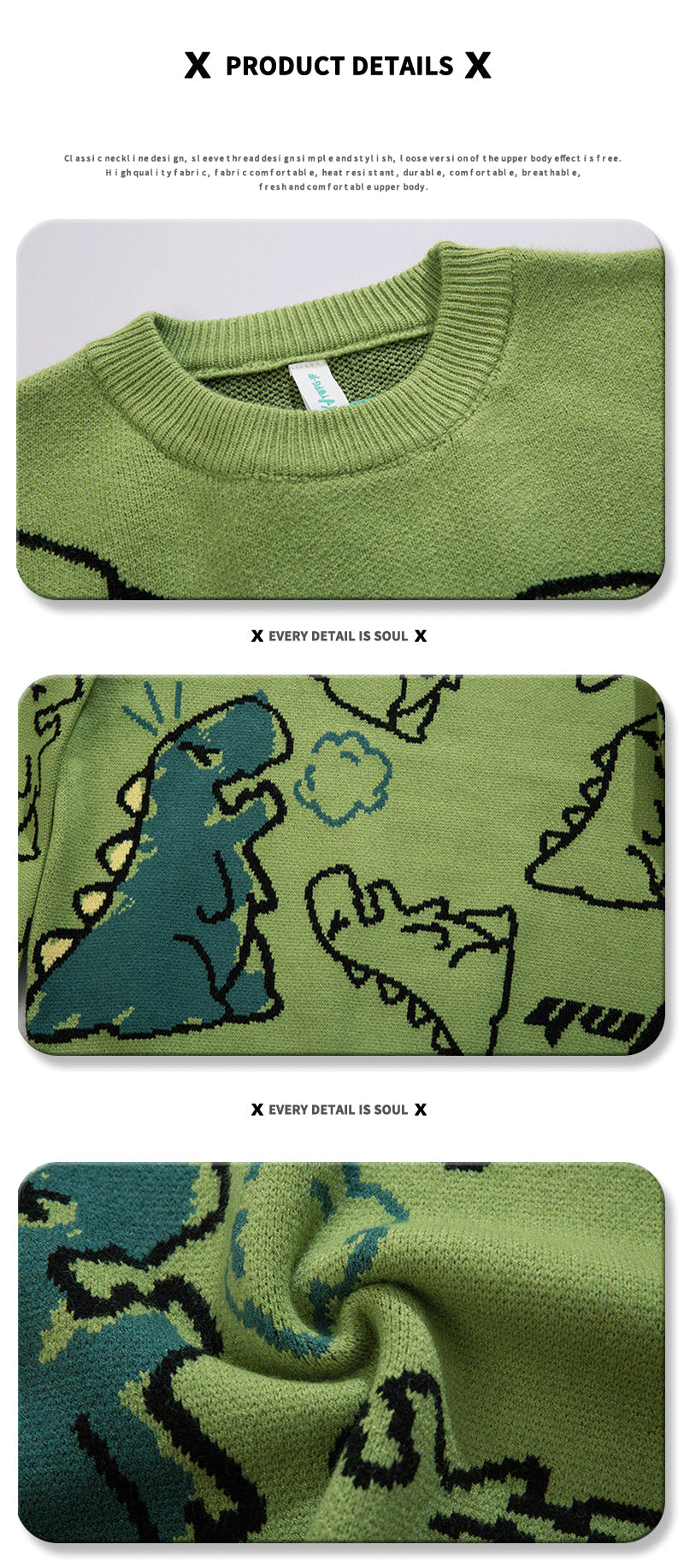 YWFG Unisex Casual Loose Fit Sweater - Black with Blue Dinosaur & Cloud Design, Long Sleeve Round Neck Pullover for Men & Women, Cozy Fall/Winter Knitwear, Dinosaur Clothes, Fall Winter Apparel, Playful Graphic Design, Comfor