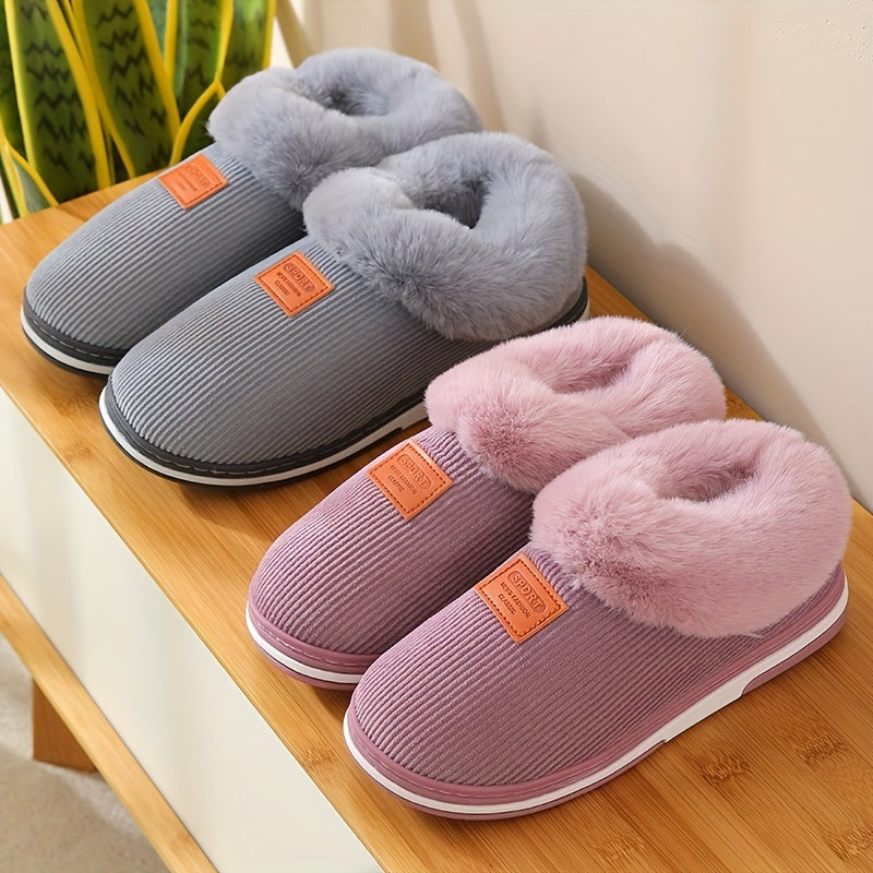 Warm & Comfy Women's Plush Lined Winter Indoor Slippers, Solid Slip On Anti-skid Slides Boots, House Slides