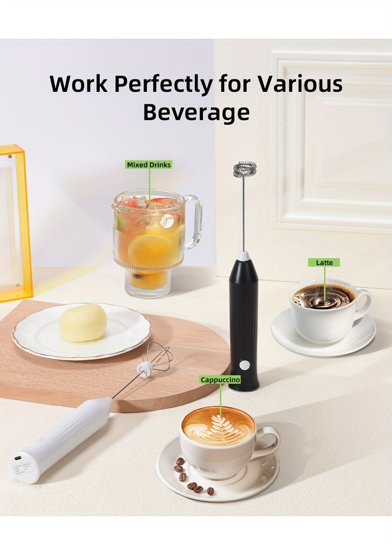 USB Rechargeable Handheld Milk Frother - 3 Interchangeable Blenders, 3-Speed Electric Blender with Stainless Steel Whisk, Egg Beater for Coffee, Matcha, Latte, Cappuccino And Hot Chocolate - Kitchen Gadgets