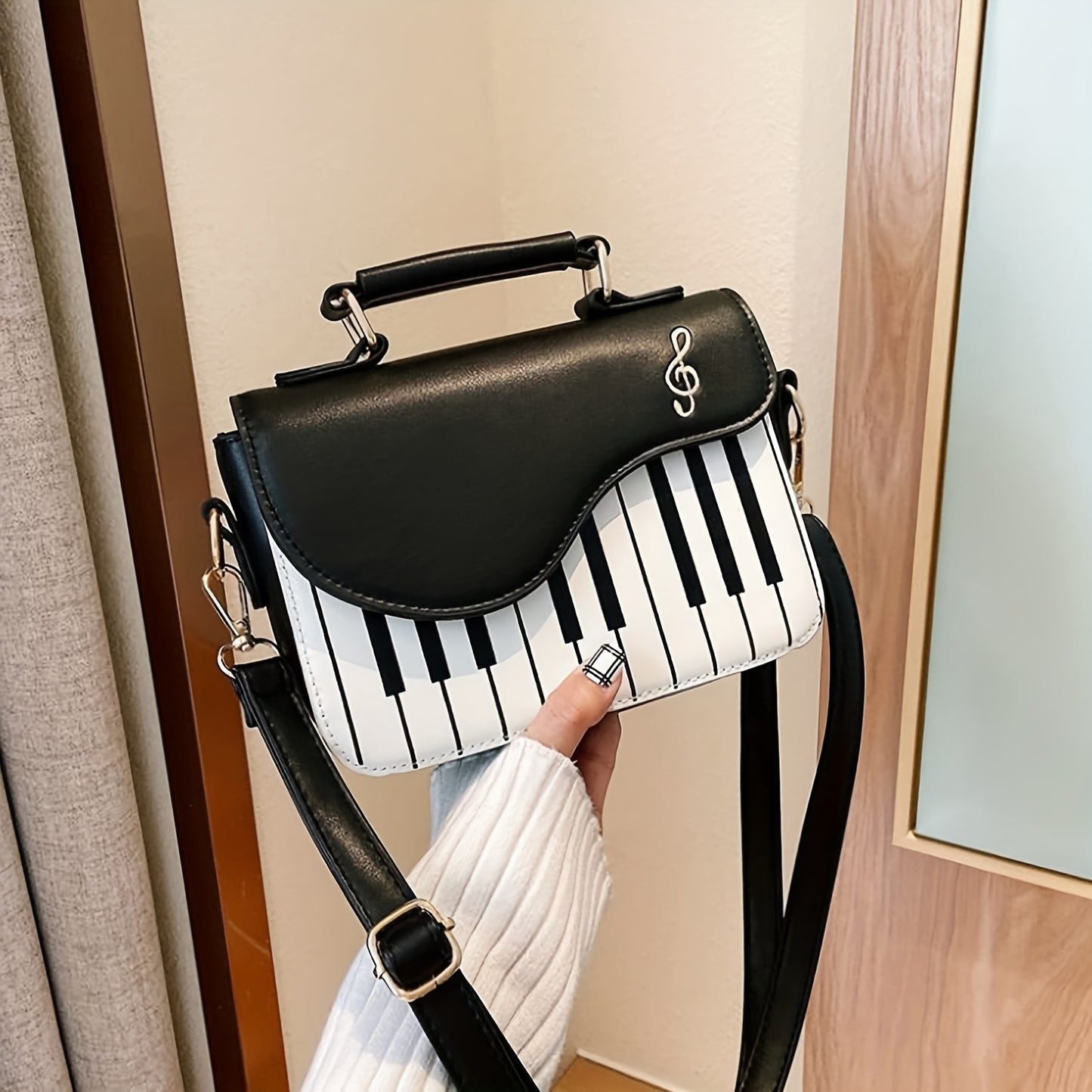 Women'S Piano Key Crossbody Bag - & Musical Note Design with Golden-Tone Hardware, Zipper Closure & Golden-Tone Hardware, Satchel Purse For Evening Events, Concerts, Casual Outings - Durable & Easy-clean, Concert Accessory, S