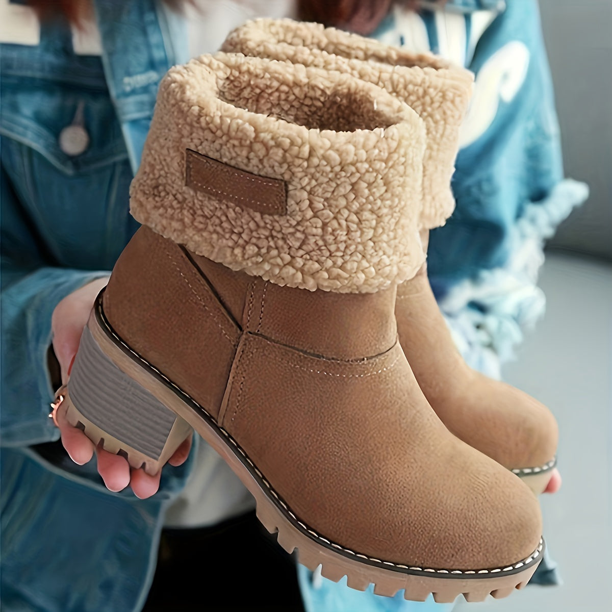 Women's Warm Faux Fur Lined Boots, Slip On Block Heeled Ankle Boots, Women's Footwear