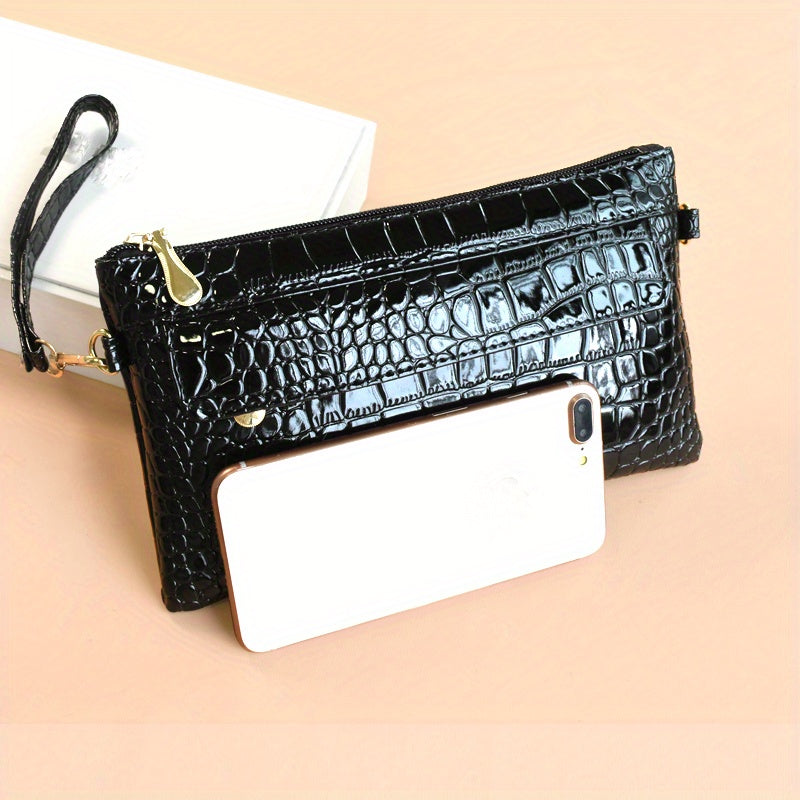 Fashion Croc Embossed Clutch Bag - Stylish Faux Leather Crossbody Coin Purse with Wristlet for Women