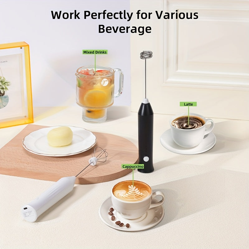 USB Rechargeable Handheld Milk Frother - 3 Interchangeable Blenders, 3-Speed Electric Blender with Stainless Steel Whisk, Egg Beater for Coffee, Matcha, Latte, Cappuccino And Hot Chocolate - Kitchen Gadgets
