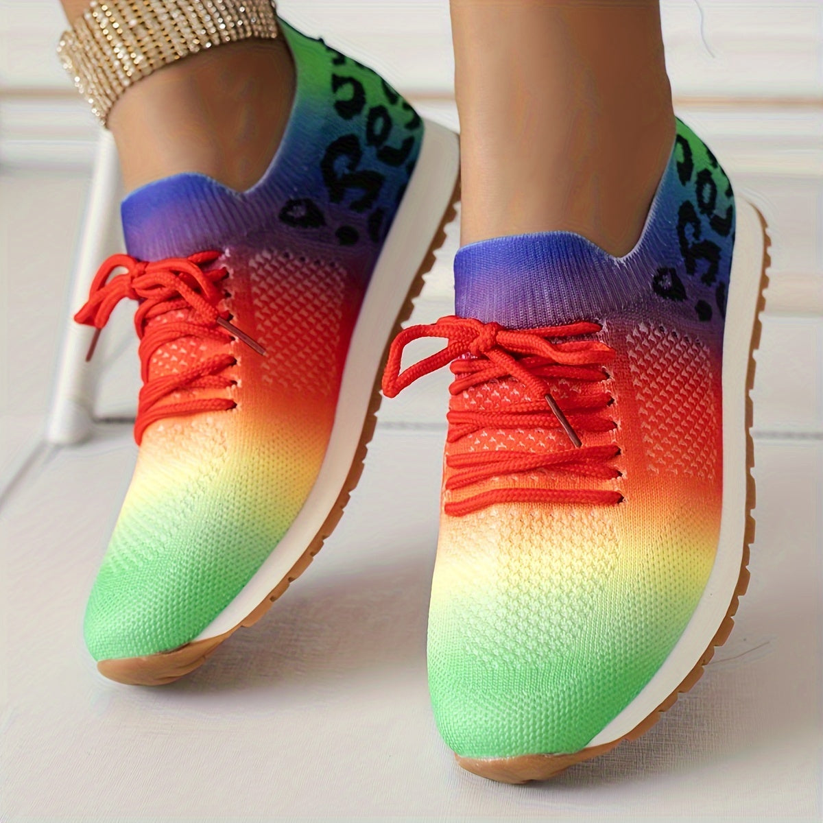 Women's Casual Sneakers - Flying Woven Leopard Pattern Breathable Lace-up Running Shoes - Plus Size - For Women - Suitable for Casual Wear, Running & Sports - Perfect Gift for Fashionable Women