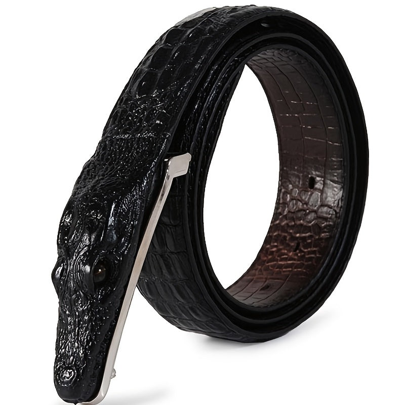 Men'S Black Crocodile Pattern Belt with Smooth Alloy Buckle - Casual Style, Genuine Leather, Perfect for Casual Attire