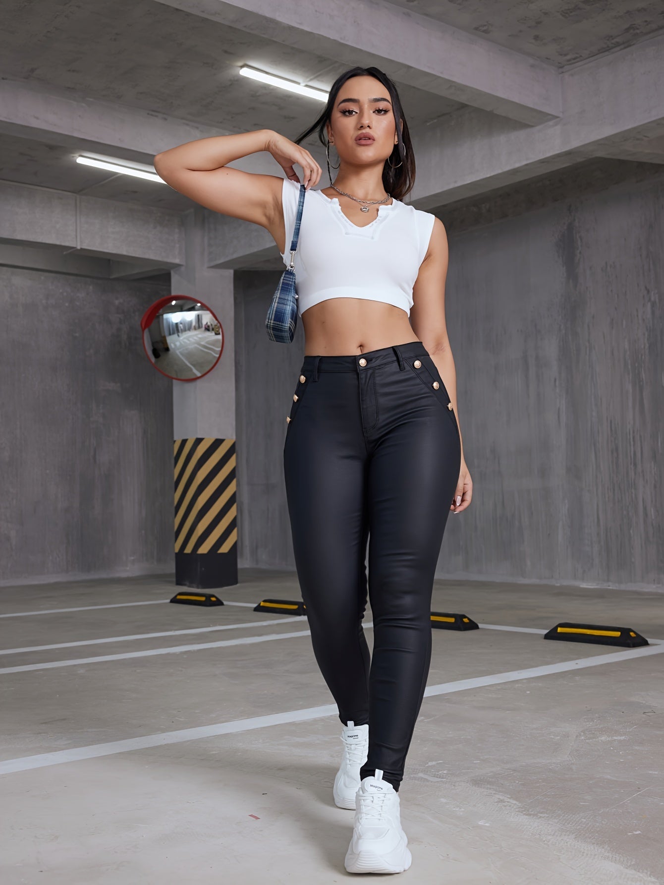 Women's PU Leather Coated Slim Fit Trousers, Sexy Skinny Denim Pants, All-Season Stretchy Jeans, Casual To Dressy Look, Spring/Summer/Autumn/Winter, Black Color