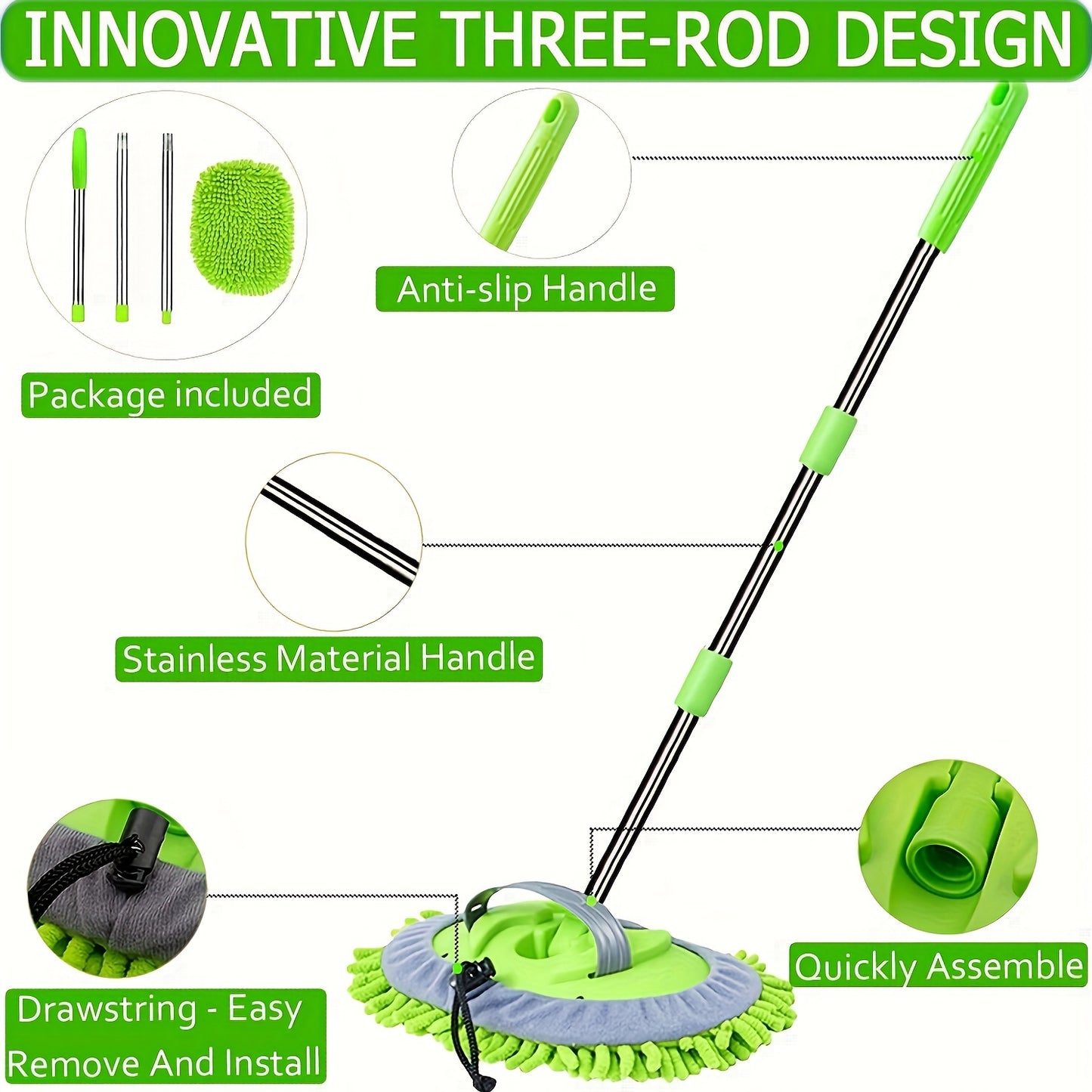 Car Wash Brush Mop Kit with 47.5" Long Handle - Soft Sponge Duster Mitt - For Washing Detailing Automotive, Truck, SUV, RV, Trailer - Safe for Paint - Perfect Gift for Car Enthusiasts
