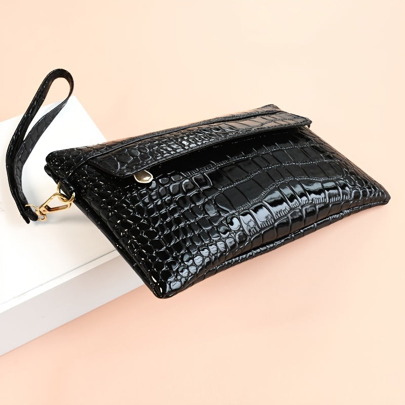 Fashion Croc Embossed Clutch Bag - Stylish Faux Leather Crossbody Coin Purse with Wristlet for Women
