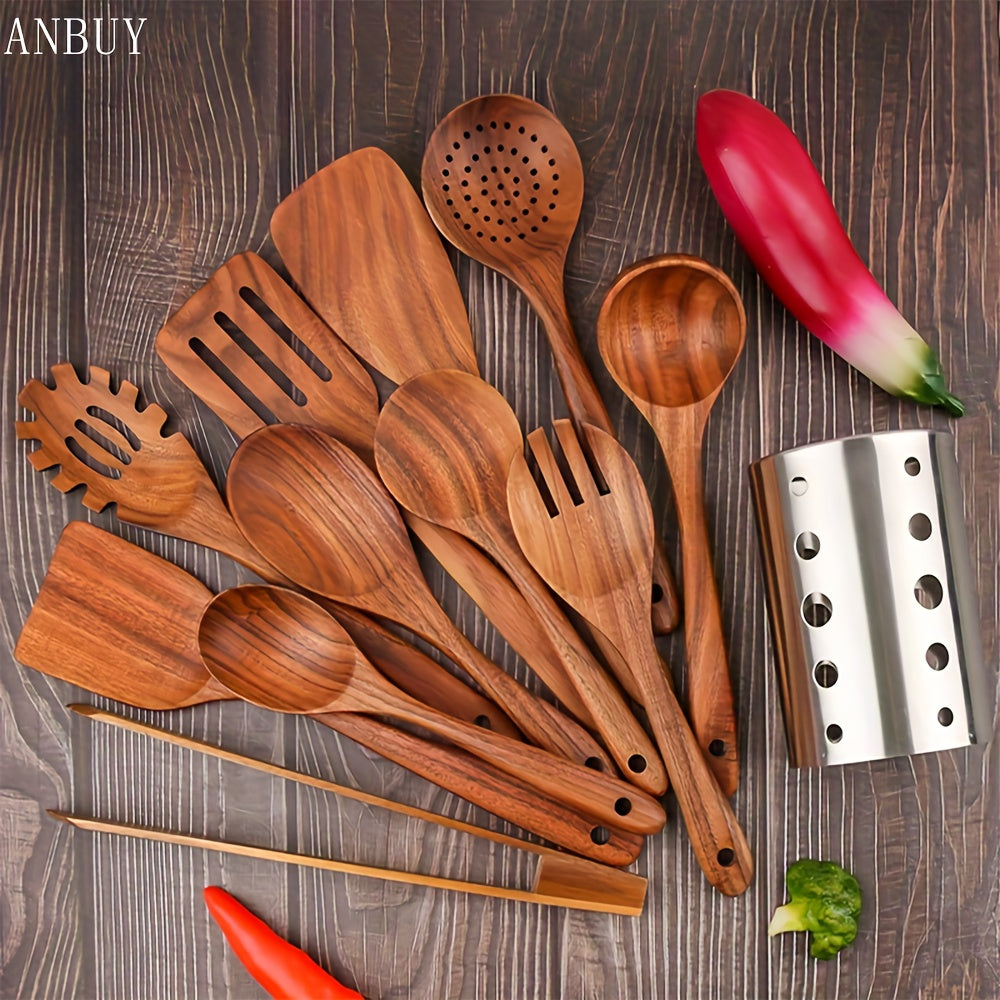 12pcs Wooden Kitchen Utensil Set, Wood Utensils Cooking Set Wood Spoons for Cooking, Spatulas Non-Stick for Cookware Kitchen Gadgets