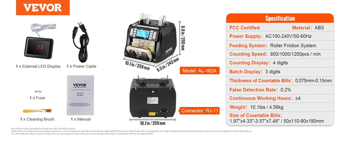 VEVOR 1200 Pcs/Min Money Counter Business Cash Register Bills Counterfeit Bill Detector by UV/MG/IR/DD Function for Bank Store