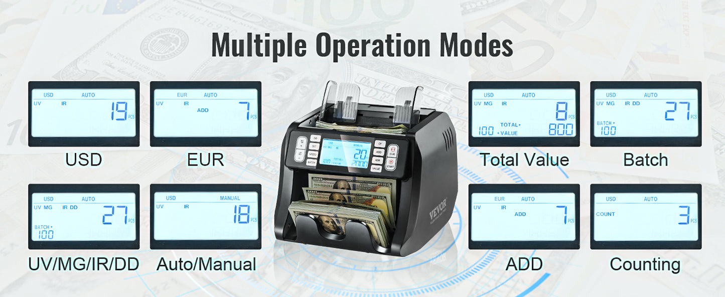 VEVOR 1200 Pcs/Min Money Counter Business Cash Register Bills Counterfeit Bill Detector by UV/MG/IR/DD Function for Bank Store